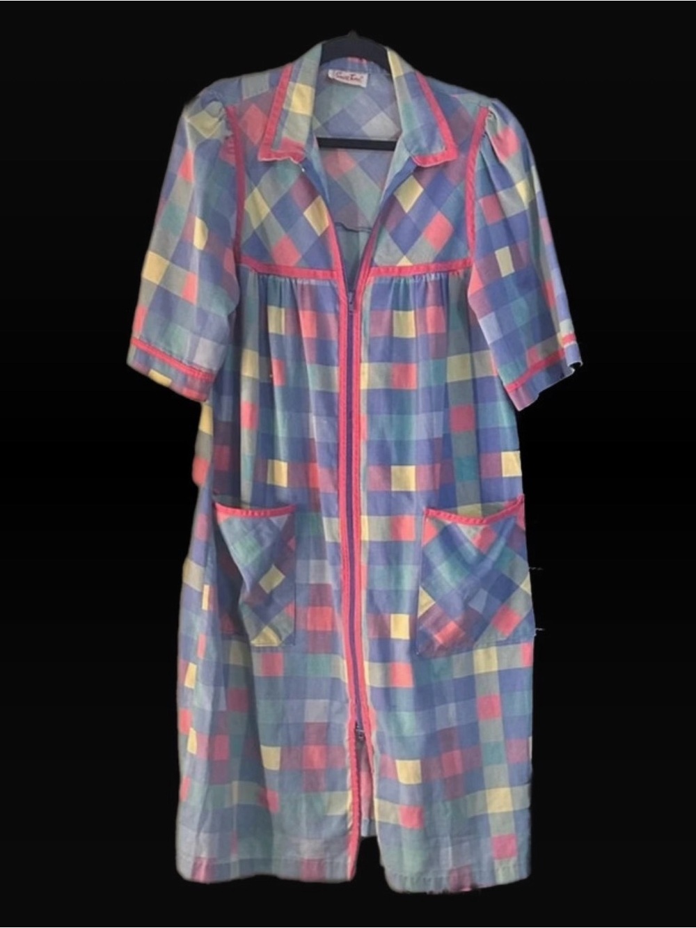 Vintage Pastel Plaid Zip-Front Housecoat